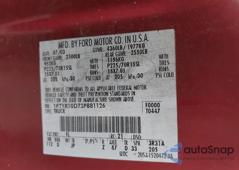 2003 Ford Ranger Xl/Xlt from USA, damaged, VIN 1FTYR10D73PB81126